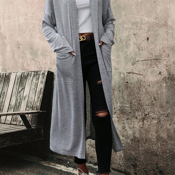 Light Grey Casual Womens Drop Shoulder Open Front Hooded Coat - Picture 4 of 5